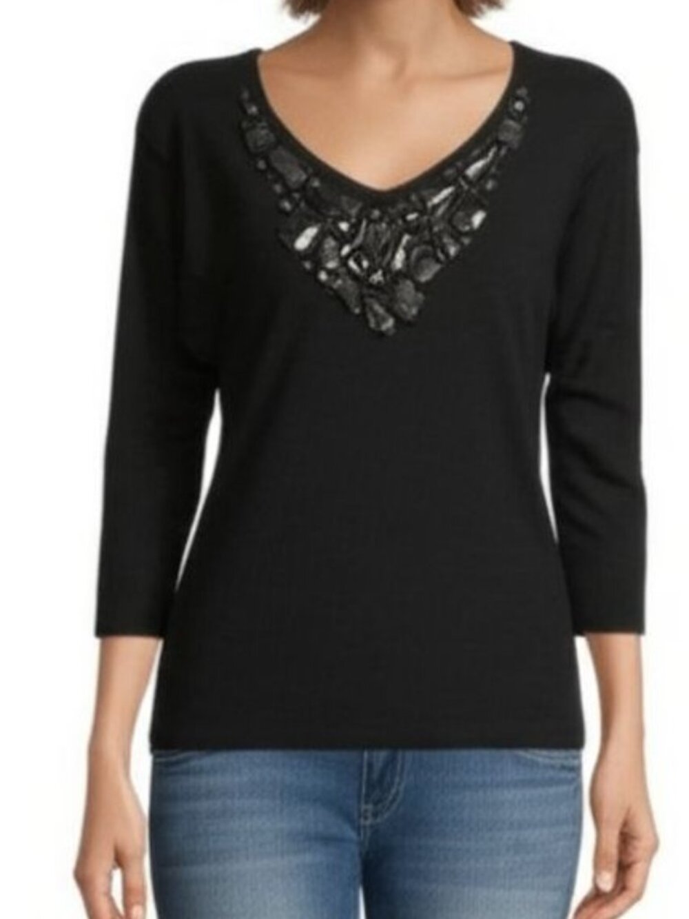 August Silk Women's Embellished Blouse — Black — Jeweled Neckline — 3/4 Sleeve —
